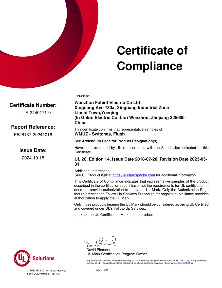 UL — Flush Switches certificate