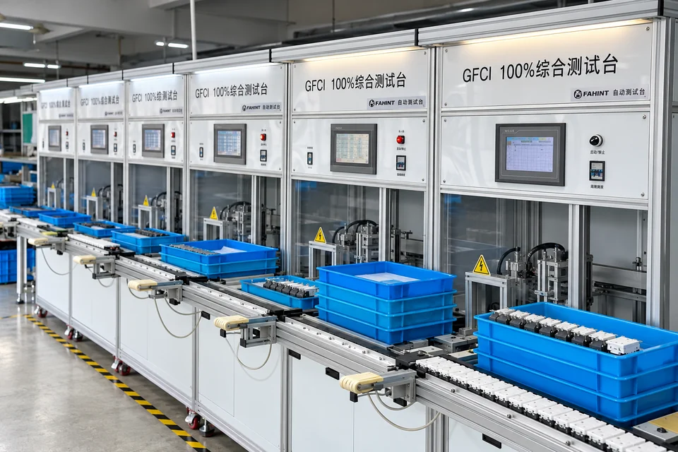GFCI functional-testing stations with device fixtures and blue trays