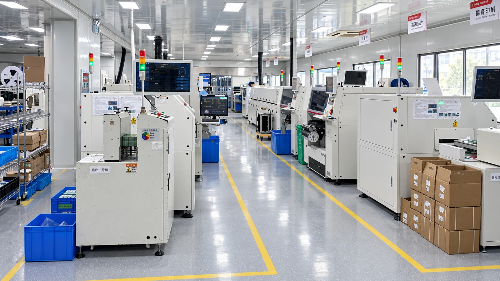 Electronics assembly equipment along the FAHINT workshop aisle