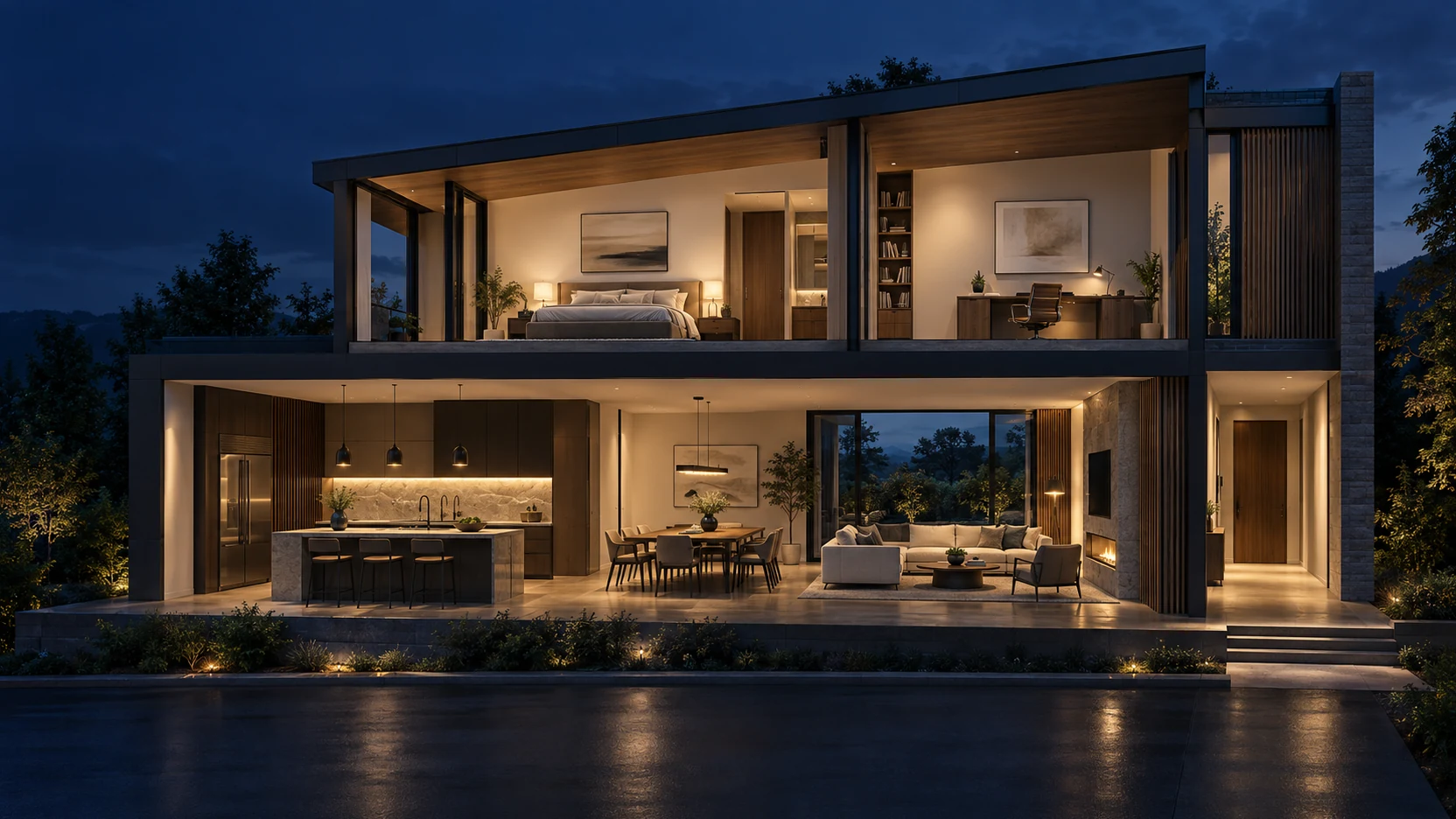 Cutaway North American home showing a kitchen, bedroom, living area and entry