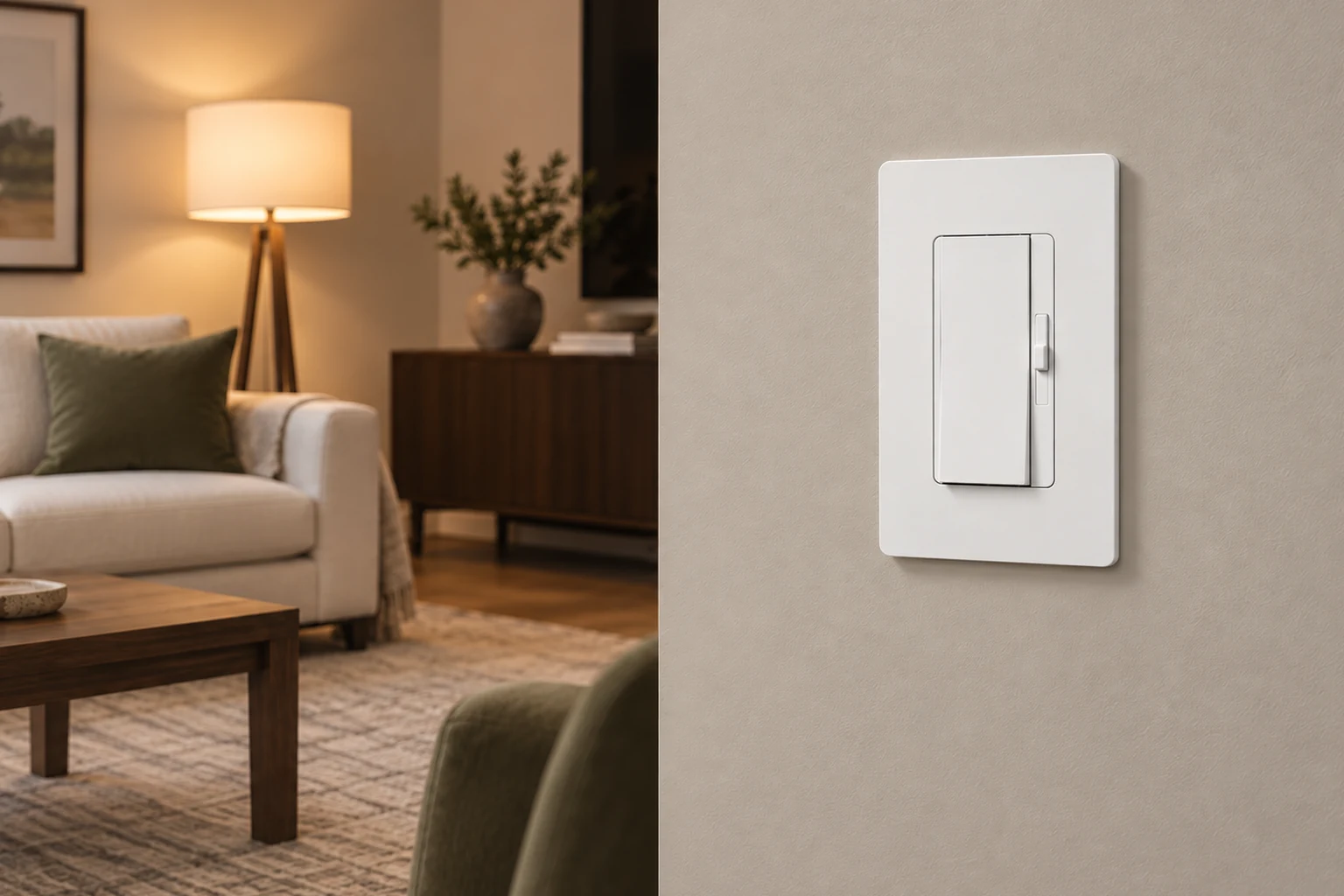 White FAHINT slide dimmer installed in a softly lit living room